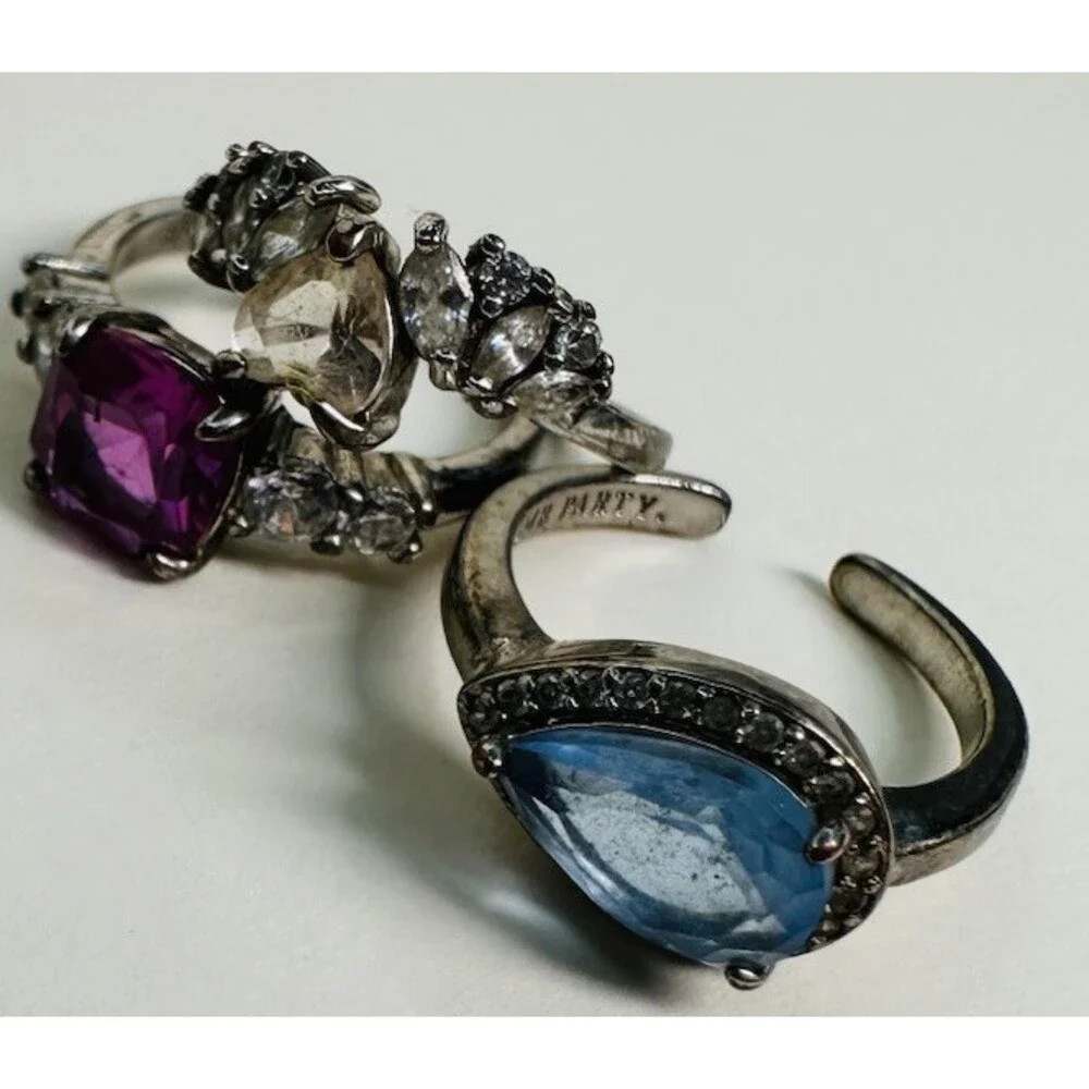 Bomb Party 3Pc Adjustable Ring Lot Size 4/5 Pink Blue Rhodium Heavy Wear
